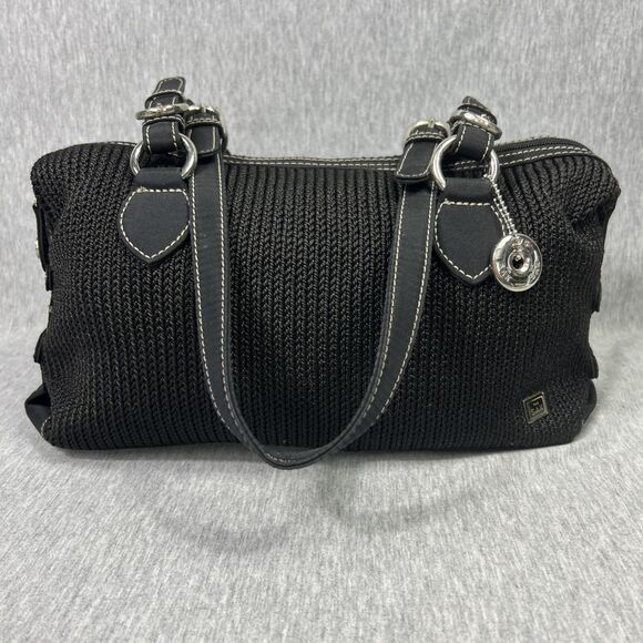The Sak Barrel Purse Black Crochet Nylon Double Shoulder Straps Logo Zip Close - Picture 1 of 16
